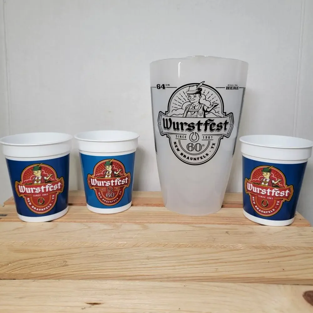 Wurstfest New Braunfels, Tx Plastic Pitcher & 3 Matching Plastic Cups